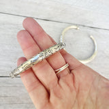 SILVER FLOWER ETCHED CUFF BANGLE