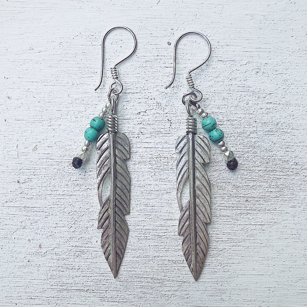 TURQUOISE PEACE FEATHER EARRINGS