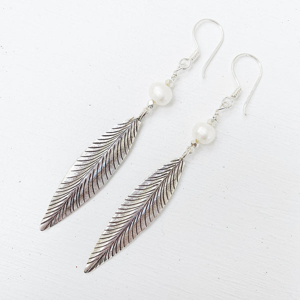 OCEAN PEARL AND FEATHER EARRINGS